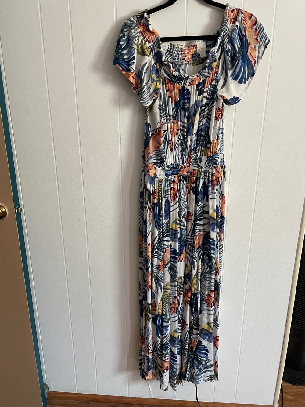 Rip Curl White Maxi Dress with Navy, Coral & Green Tropical Print